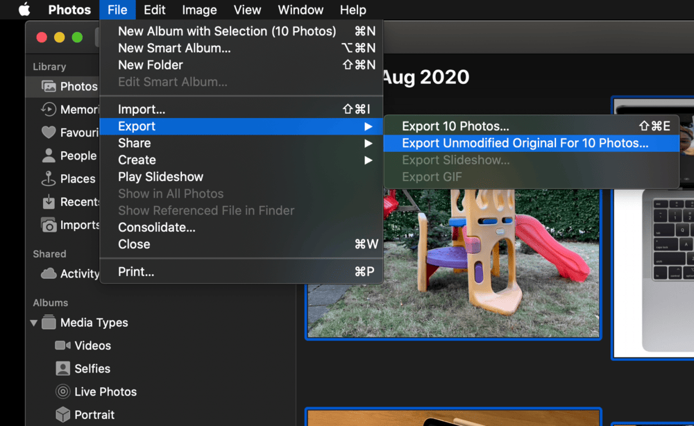 En Apple Photos puedes exportar los originales sin modificar