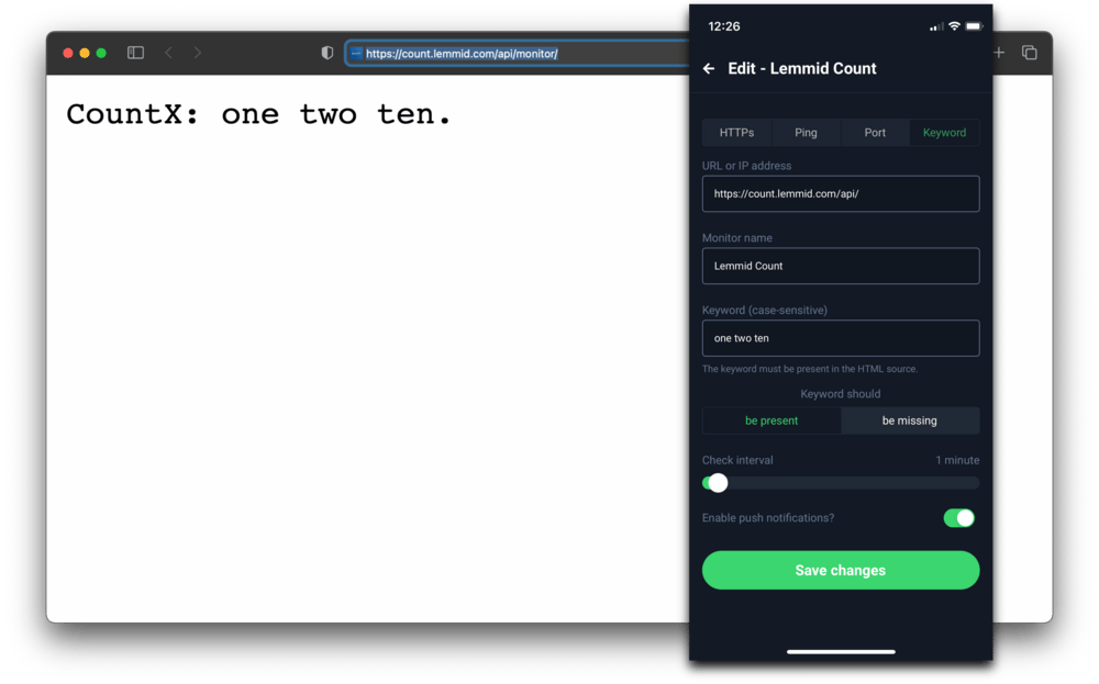 Configura UptimeRobot para detectar el texto que esperas cuando el servicio está en línea