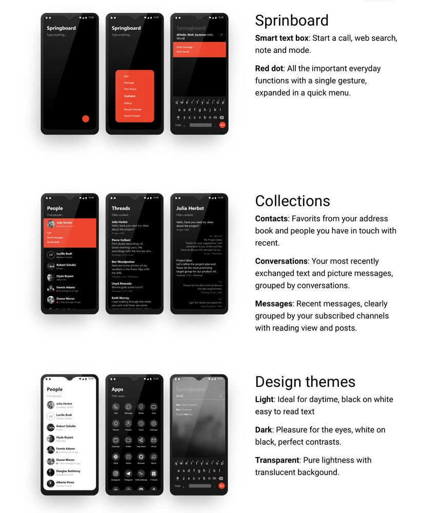 Volla OS cuenta con un Springboard y una forma centralizada de acceder a sus contactos: una idea interesante pero que carece de refinamiento (los errores tipográficos en esta captura de pantalla tomada del sitio web oficial de Volla son ilustrativos)