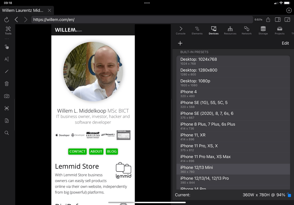 Inspect Browser en iPad proporciona funcionalidades esenciales de depuración e inspección para aplicaciones web
