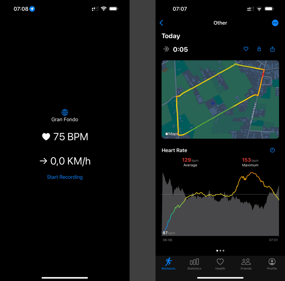 Prototipo inicial de la app funcionando con un sensor de ritmo cardíaco Bluetooth y sus primeros datos mostrados en otra app que hace gráficos bonitos (HealthFit)