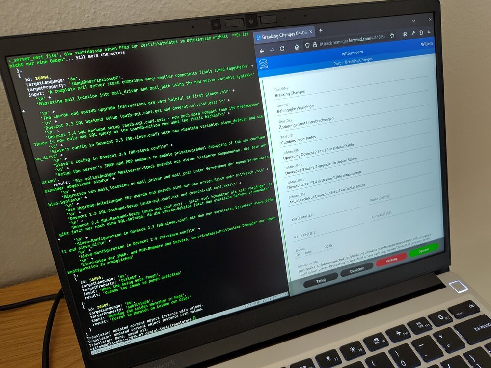 Al proporcionar contenido estructurado y rico en contexto a la IA (izquierda), mi CMS (derecha) puede generar traducciones estructuradas de alta calidad, preparando el contenido tanto para humanos como para máquinas.