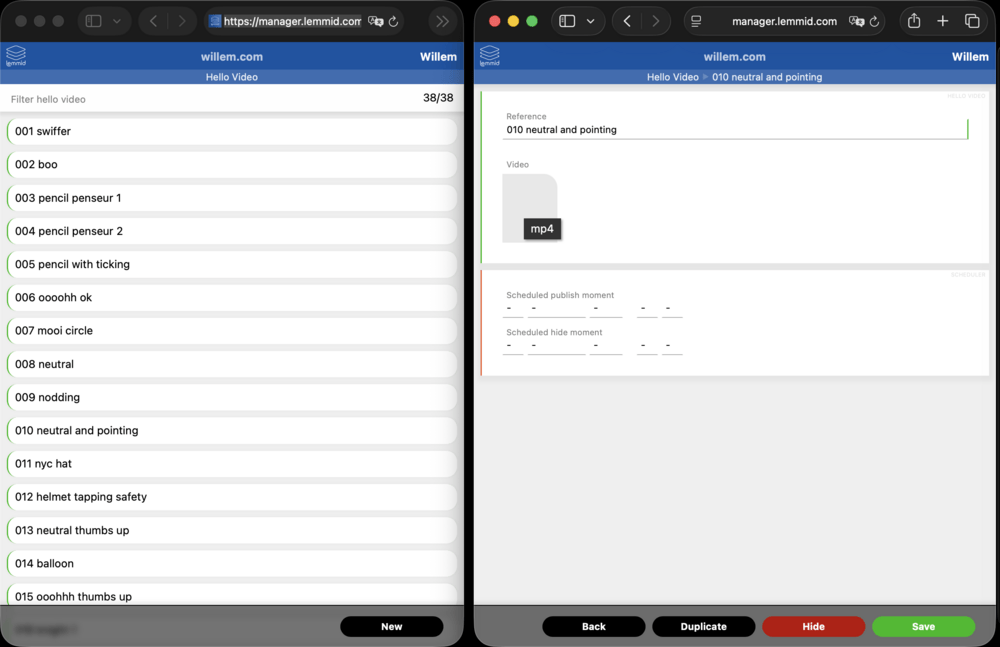 Los clips individuales se gestionan y programan mediante un sistema backend a medida que controla el reproductor de vídeo integrado en la página principal