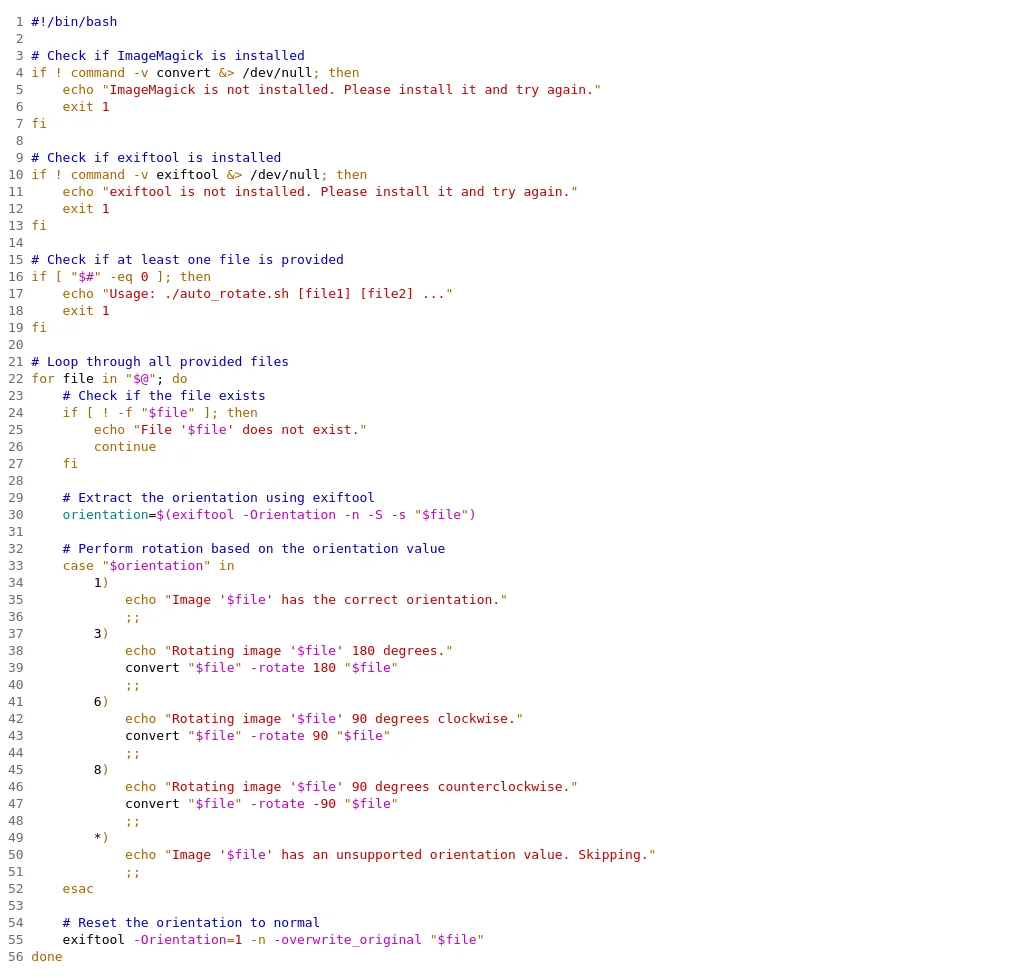 GPT4's generated output code "auto_rotate.sh" rotating images using ImageMagick based on EXIF orientation