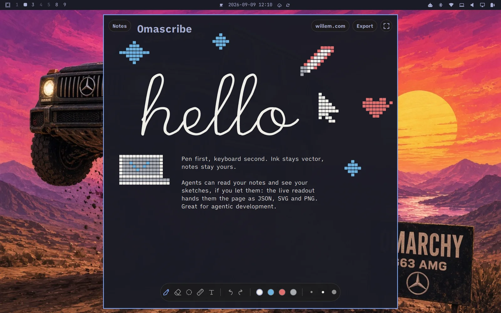 Omascribe on Omarchy: a page with vector ink, pixel art and a typed block, the desktop either side