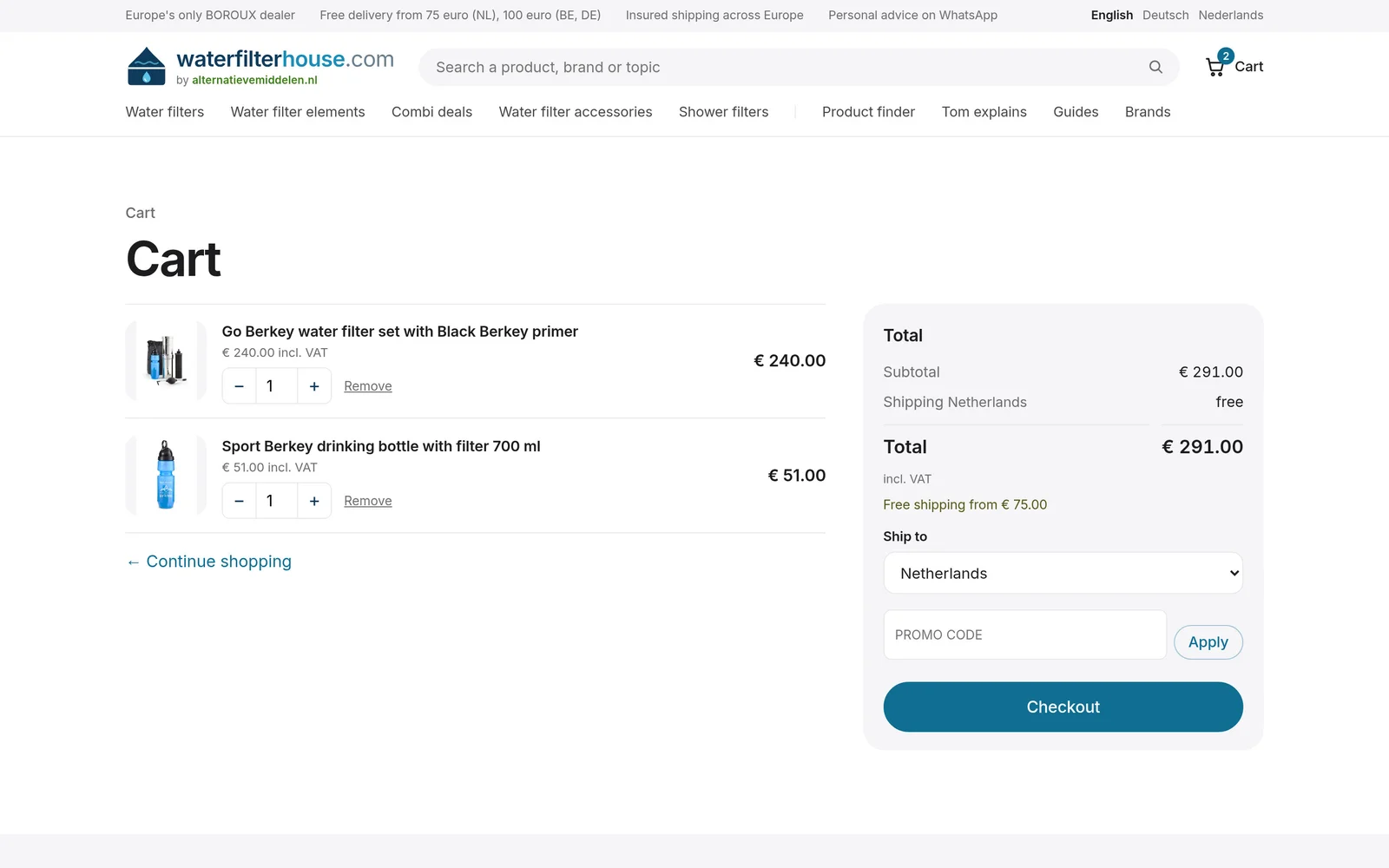 The cart: Tom's own shipping rates per country, recalculated by the server at checkout