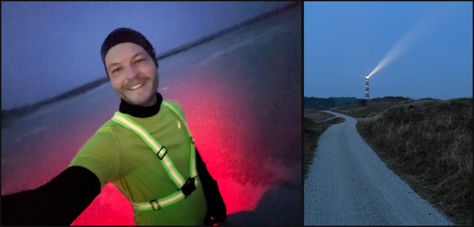 Ameland, 25 January at dawn: the last good runs before the knee, and the lighthouse beam over the dune road