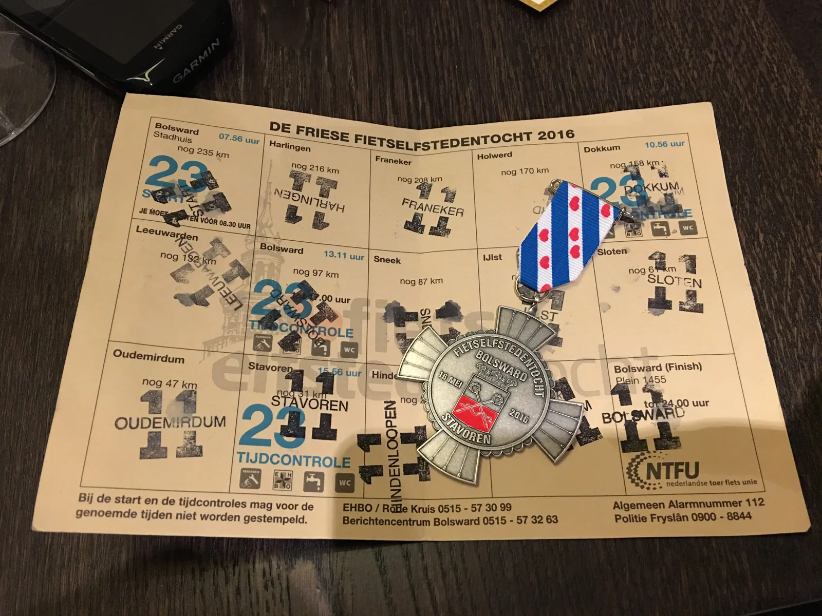 The completed stamp card of the "Fietselfstedentocht", with 231 kilometers the longest single ride of 2016.