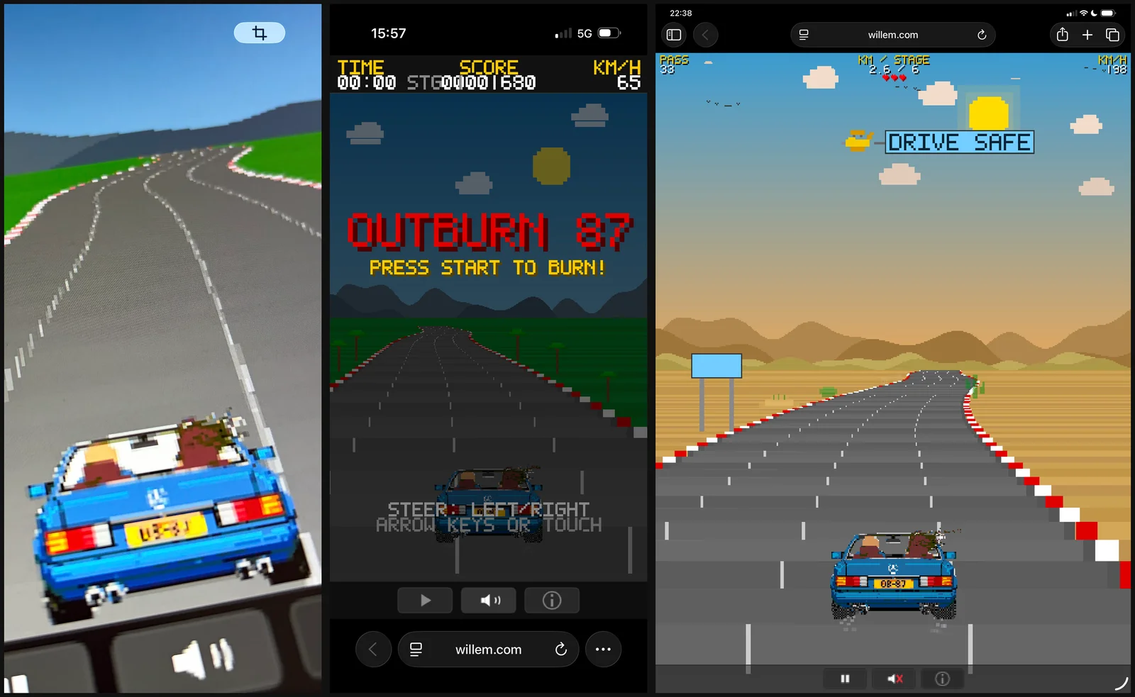 Outburn 87 op 16 februari, werk in uitvoering: een vroege auto op groen gras, het titelscherm en de woestijnweg, allemaal van vóór de release