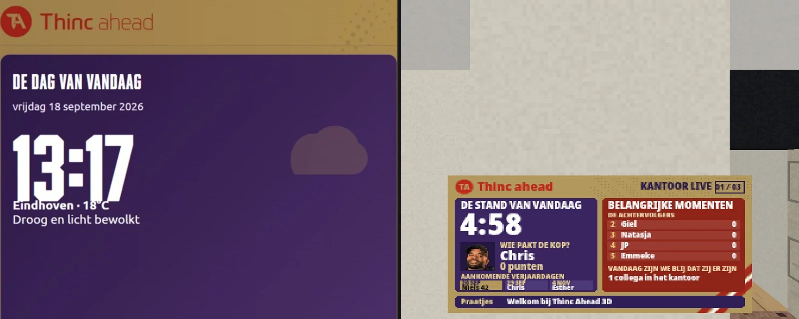 Left a part of the real Kantoor Live screen in the hall, right the screen in the game: same layout, but it shows who is in the lead