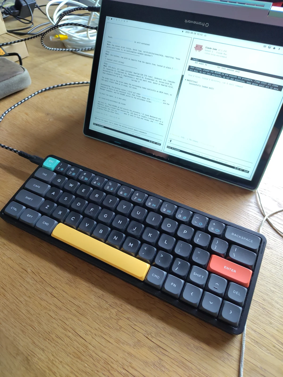 Back at work: the workbench with the mechanical keyboard, the brain out of sight