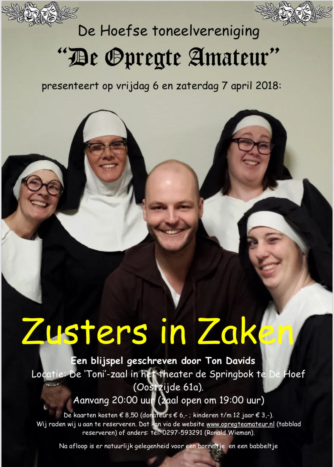 Flyer announcing the play "Zusters in Zaken" by "De Opregte Amateur"
