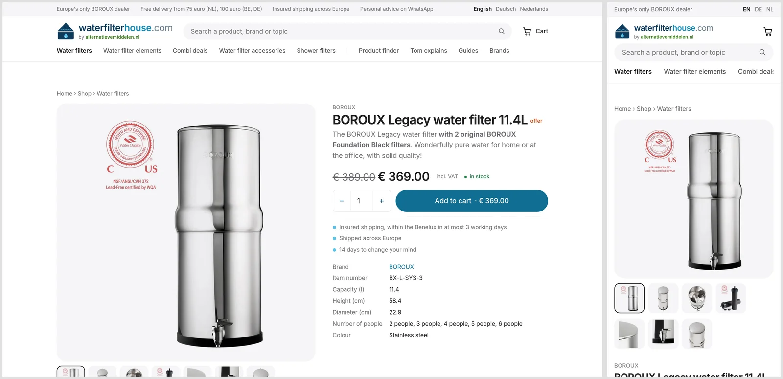 A product page: specs, photos, stock and the right parts, on the laptop and on the phone