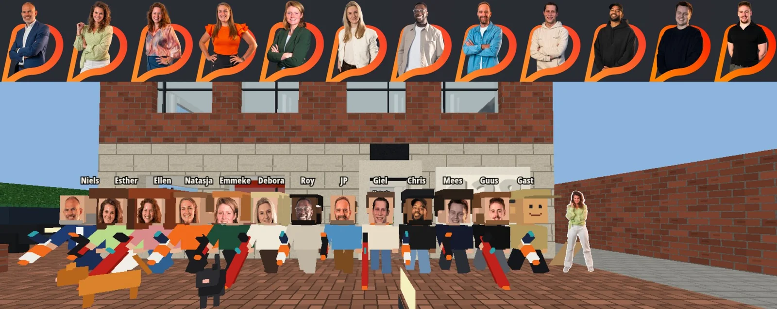 The team: their portraits above, the same twelve in the game below, with the two office cats and cardboard Esther on her fold-out foot