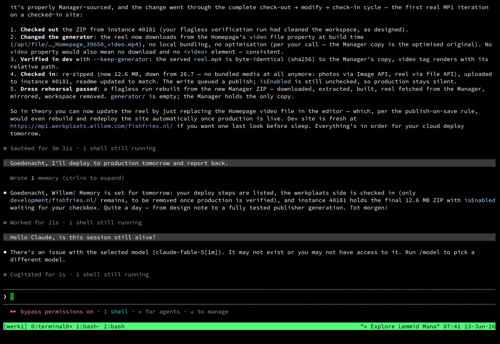 The agent's report on my terminal at 07:41 on 13 June: checked out, changed, verified, checked in, dress rehearsal passed