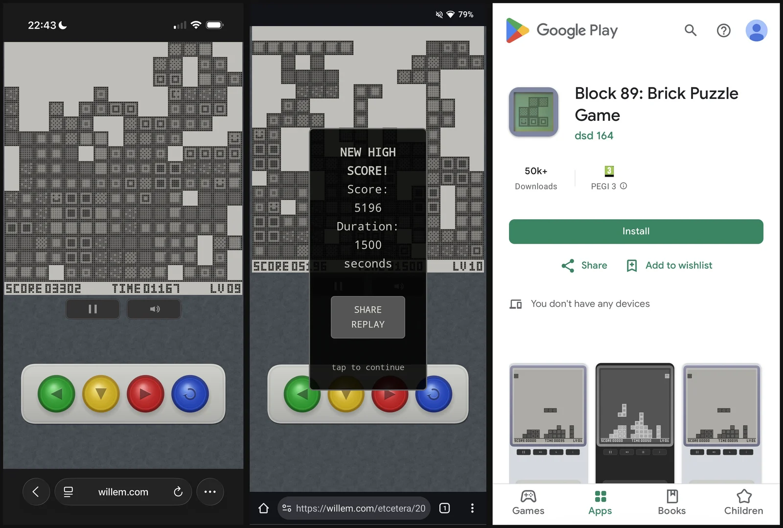 Block 89 v2 in het spel, een nieuwe highscore met de knop om de replay te delen, en de Play Store-pagina op 50k downloads