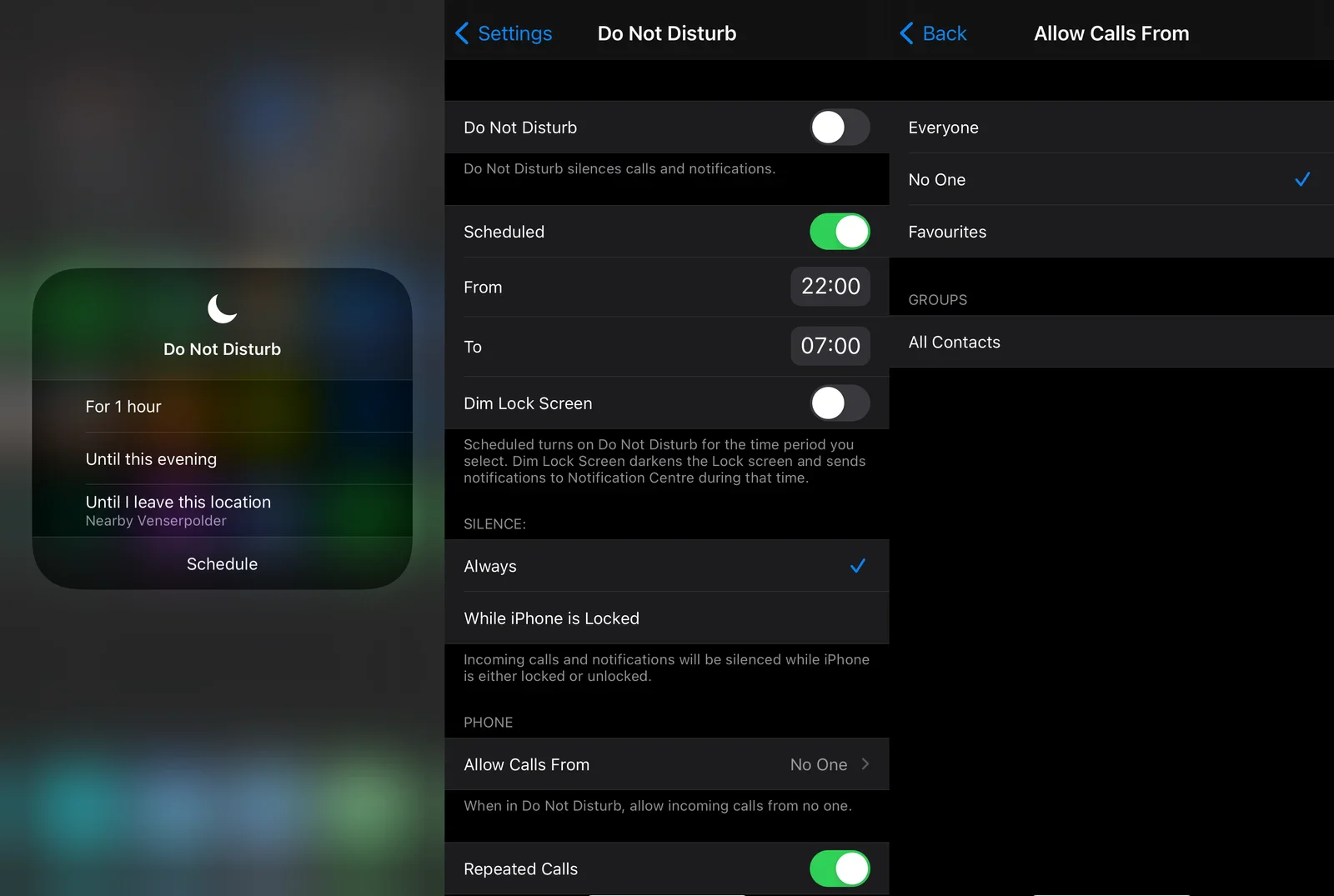 The "Do not disturb" feature on iOS enables you to automatically activate a different notification policy - e.g. during the night
