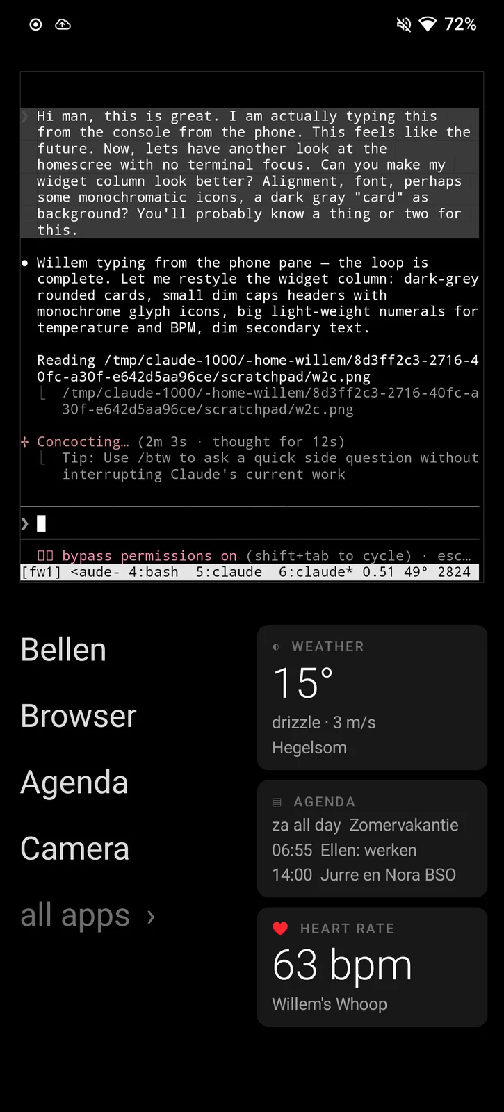 The launcher on its first morning: a text list, weather, agenda and the heart rate from the WHOOP, with the terminal into the homelab above
