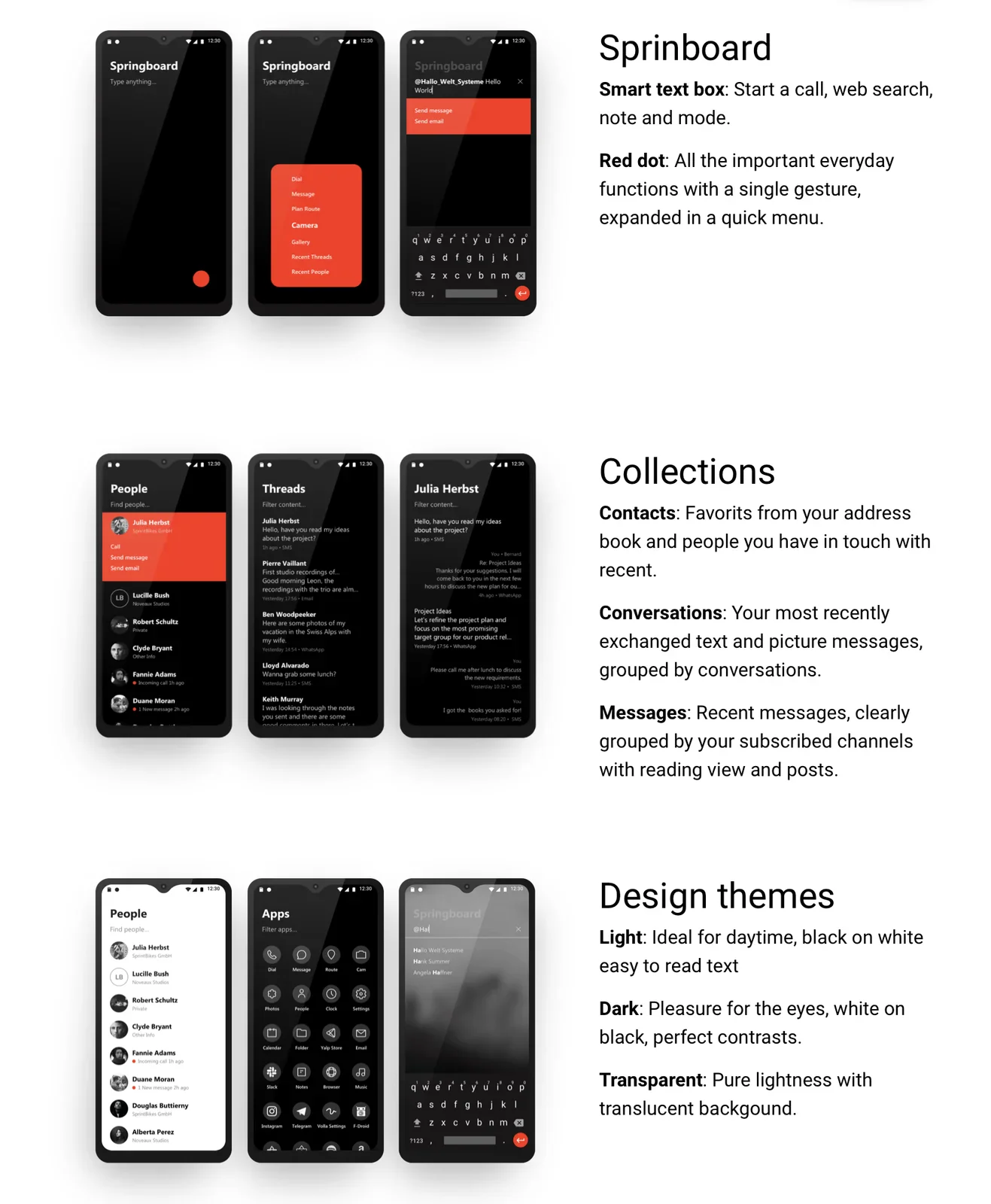 Volla OS features a Springboard and a centralised way to access your contacts - an interesting idea yet it lacks refinement (the typos in this screenshot taken from the official Volla website are illustrative to this)
