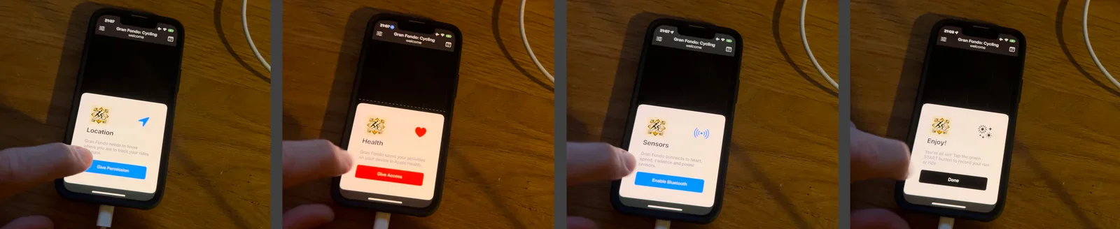 Screenshots of the app's onboarding process: asking for permissions and guiding new users