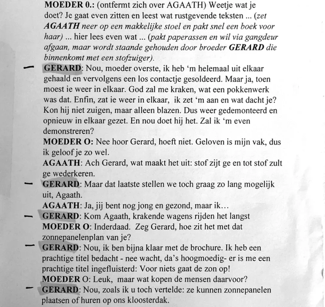 Part from the script with my first few lines of text, me playing "Gerard"