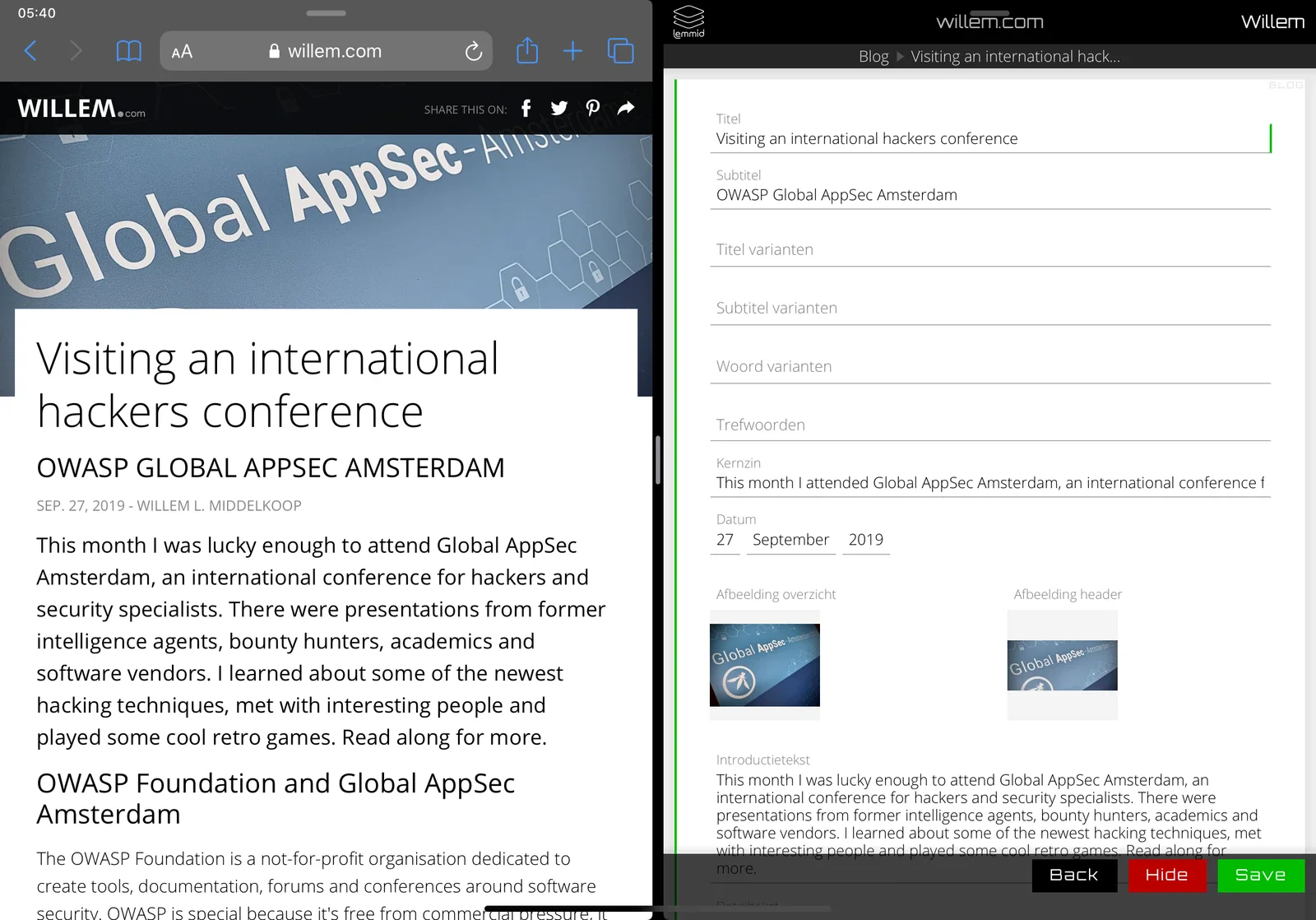 Using my "Lemmid (content) Manager" app to edit a blog post while looking at the results side-by-side