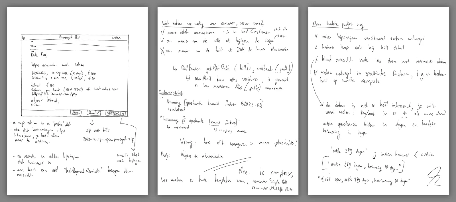 Thoughts on canvas (2022): Example of captured ideas, in Dutch, with UI sketches, code snippets, questions, actions, and decisions not to do certain features