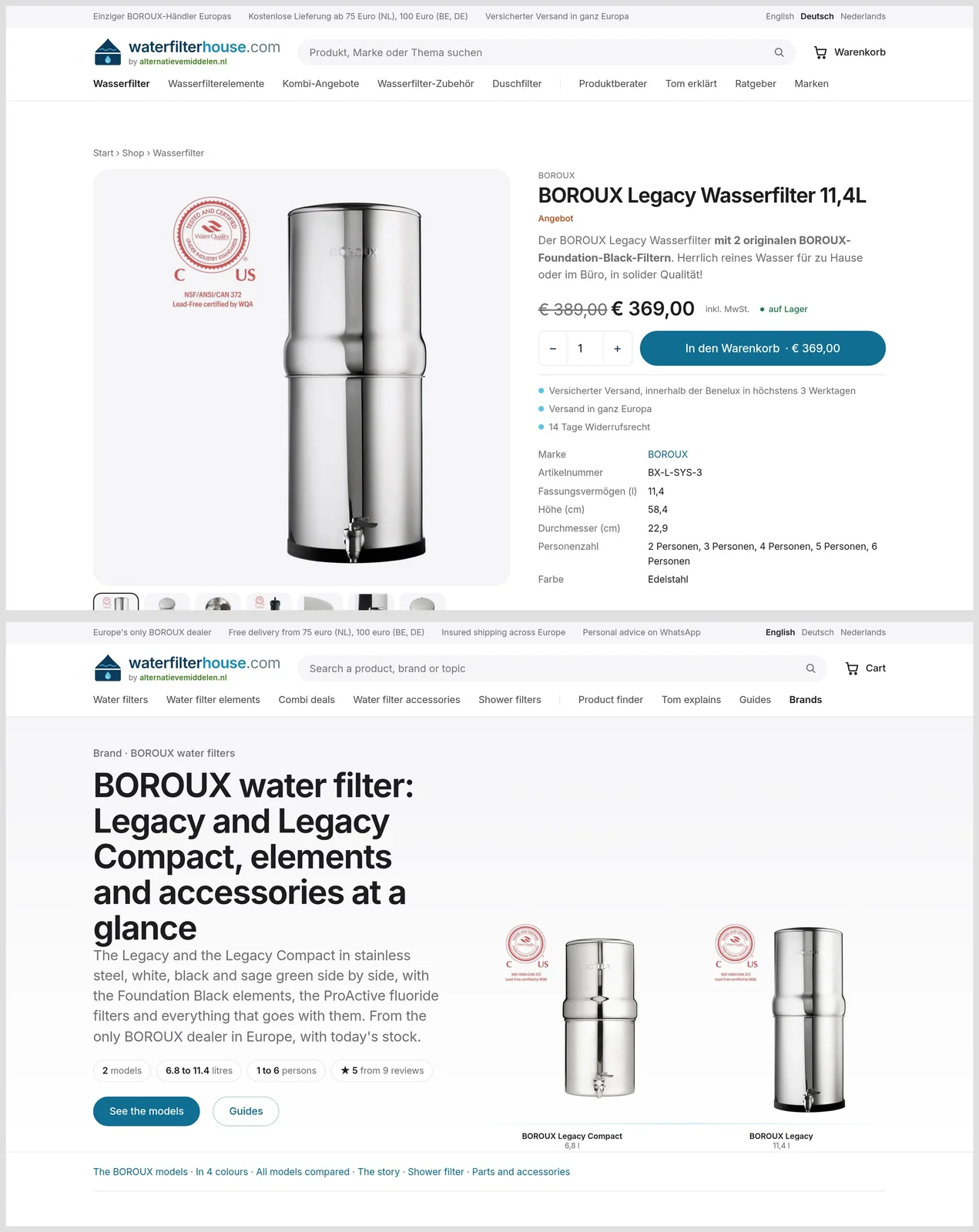 The German edition, and a brand page with every model side by side at its true height