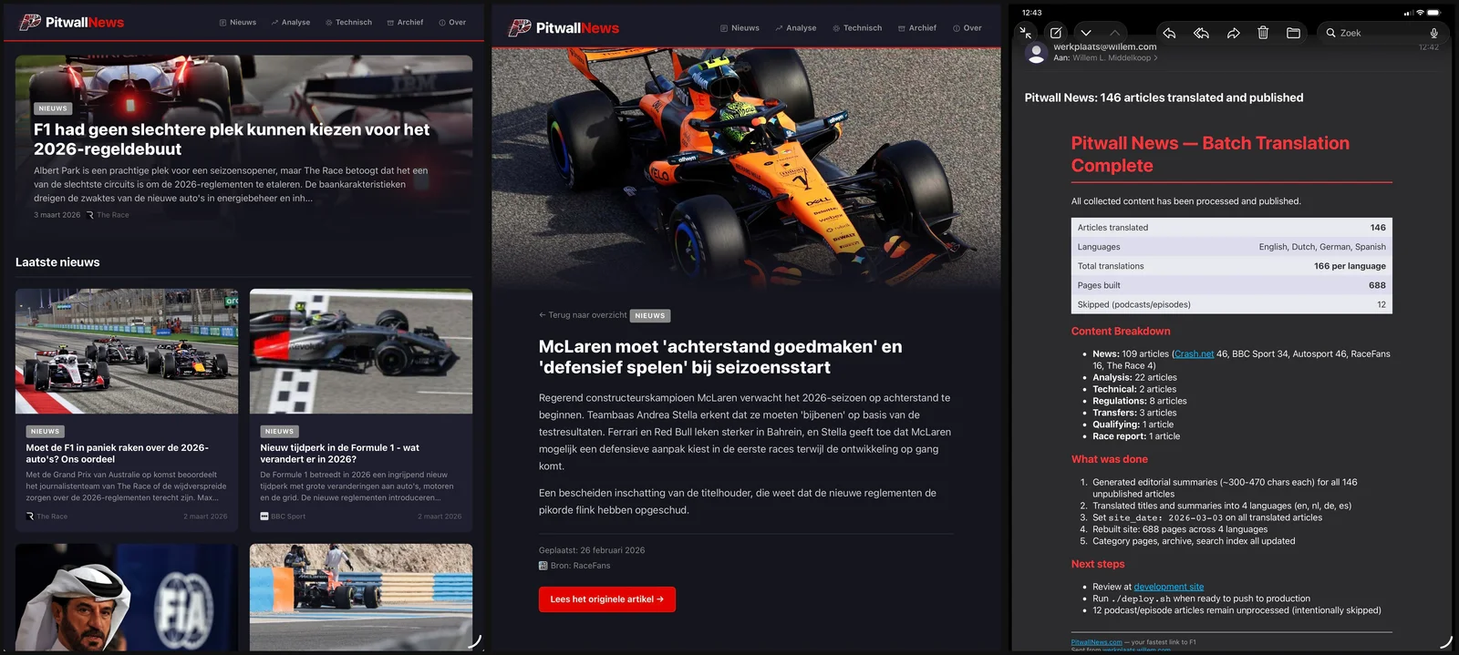 pitwallnews.com on launch day, 3 March: Formula 1 in four languages, and the mail that 146 articles were translated and published