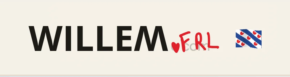 It willem.com-logo nei it yngean fia willem.frl: handskreaune .FRL, in hert op de punt en de wapperjende flagge