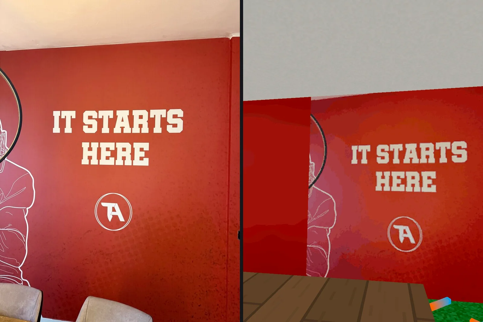IT STARTS HERE, the red wall in the boardroom. The wall in the game is Ellen's own photo, straightened and scaled down to pixels