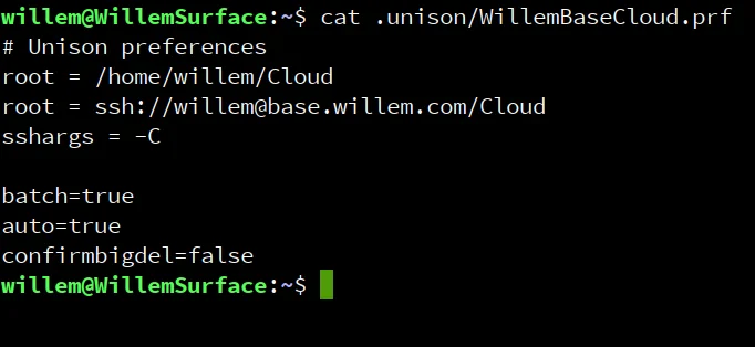 My Unison profile with parameters for the ‘WillemCloud’