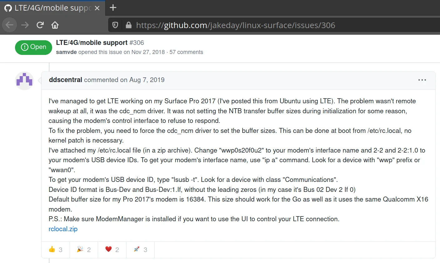 Resetting the buffers of the Surface broadband modem allowed it to work with Debian GNU/Linux!