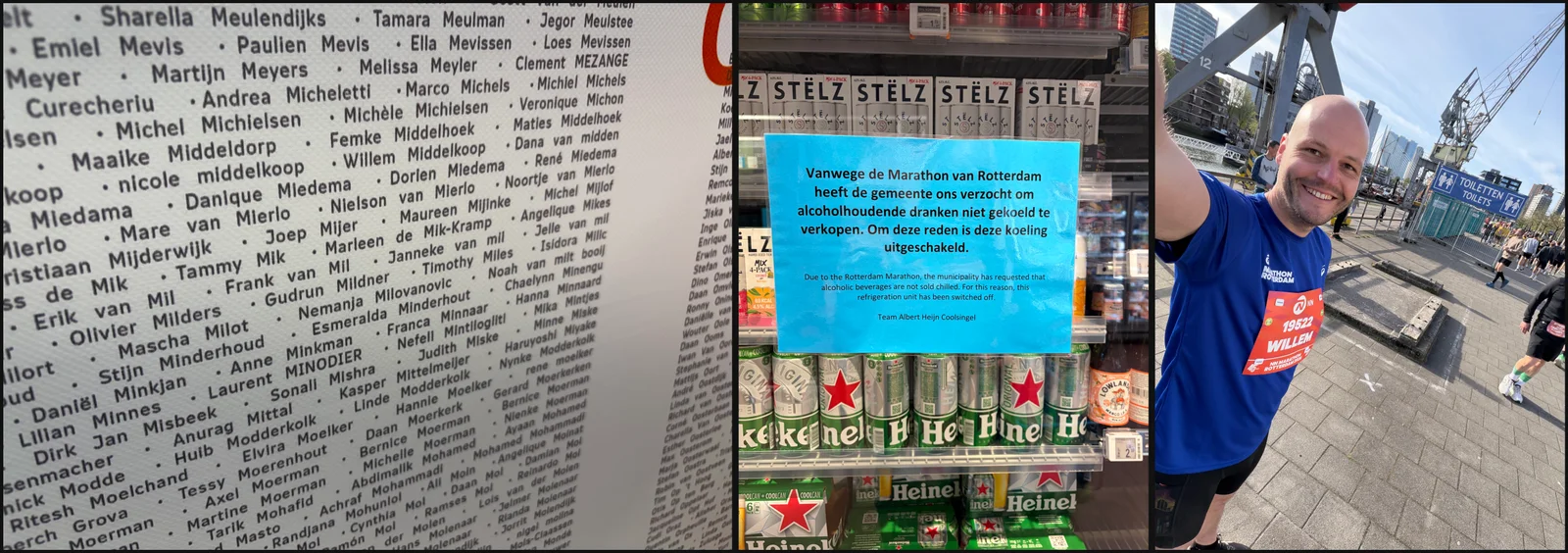 De dag ervoor: elke naam op de muur, het briefje van de supermarkt over gekoeld bier, en een selfie met startnummer 19522 onderweg naar de start