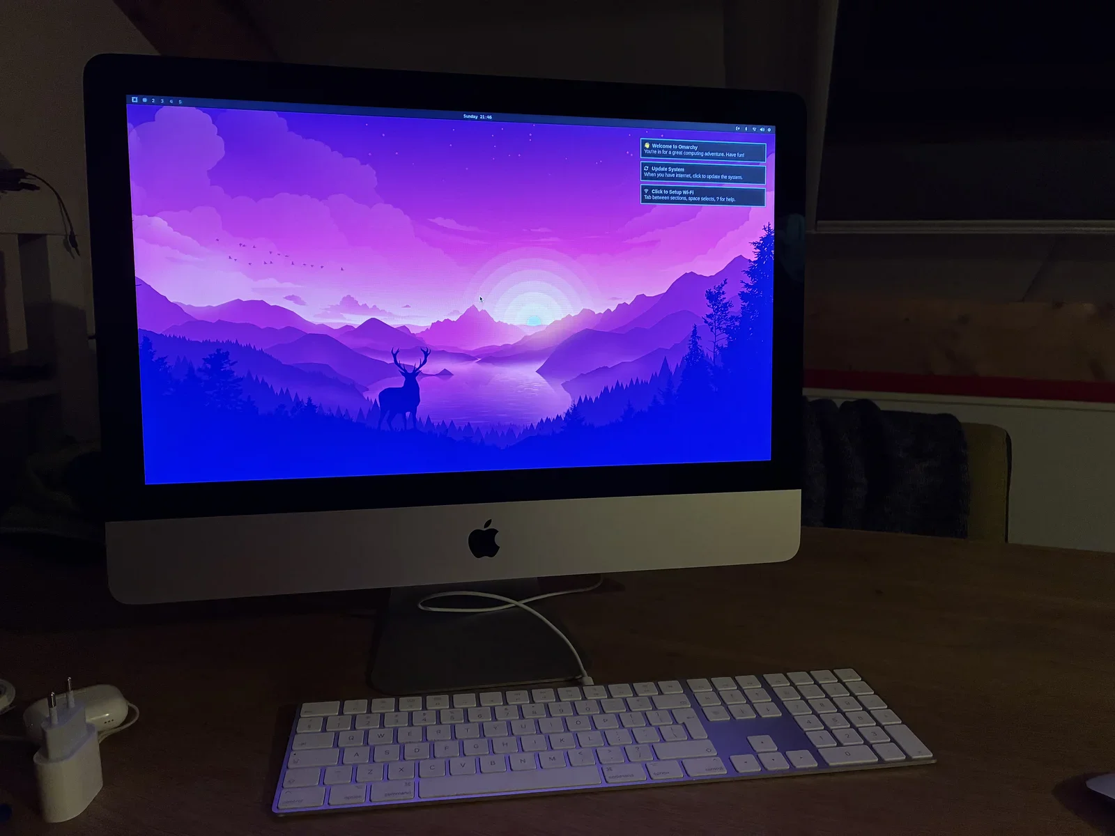 Omarchy reporting for duty after first boot: The Tokio Night theme looking great as default