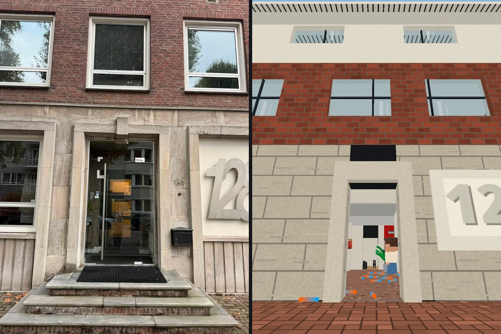 The front door at number 128: Ellen's photo on the left, the game on the right. Work in progress, like every screenshot here