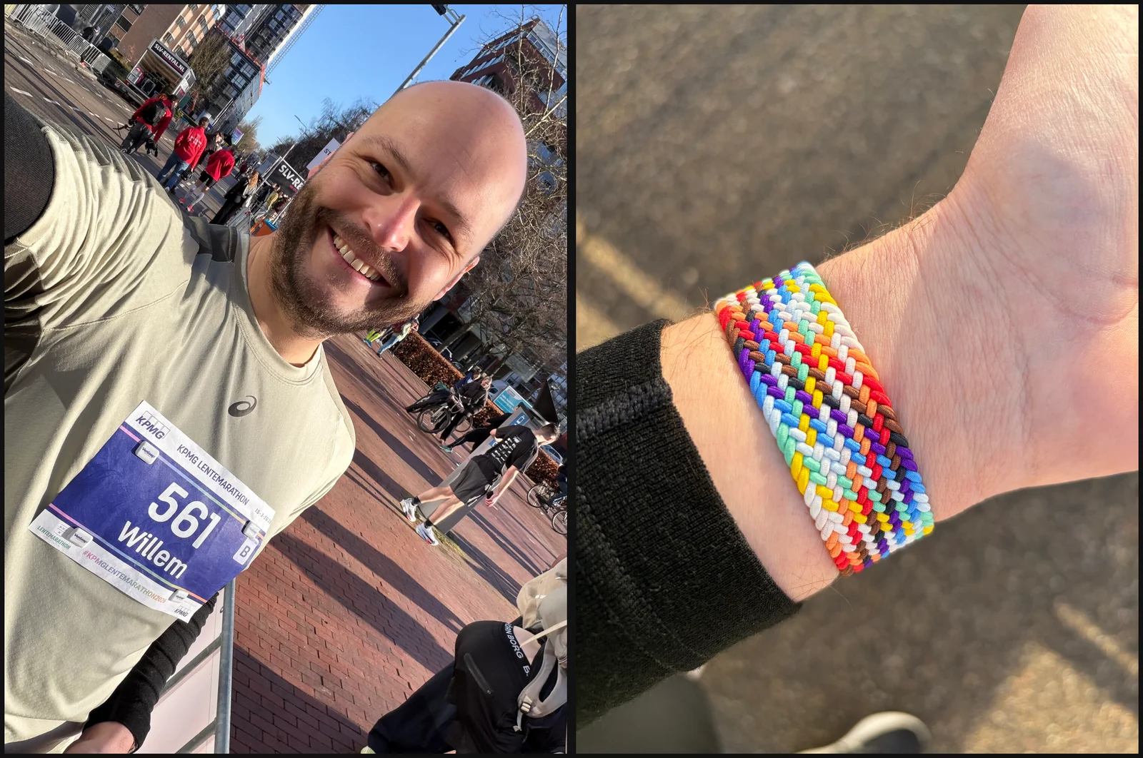 Startnummer 561 aan de start in Amstelveen, zes weken na de knie, en het bandje van thuis