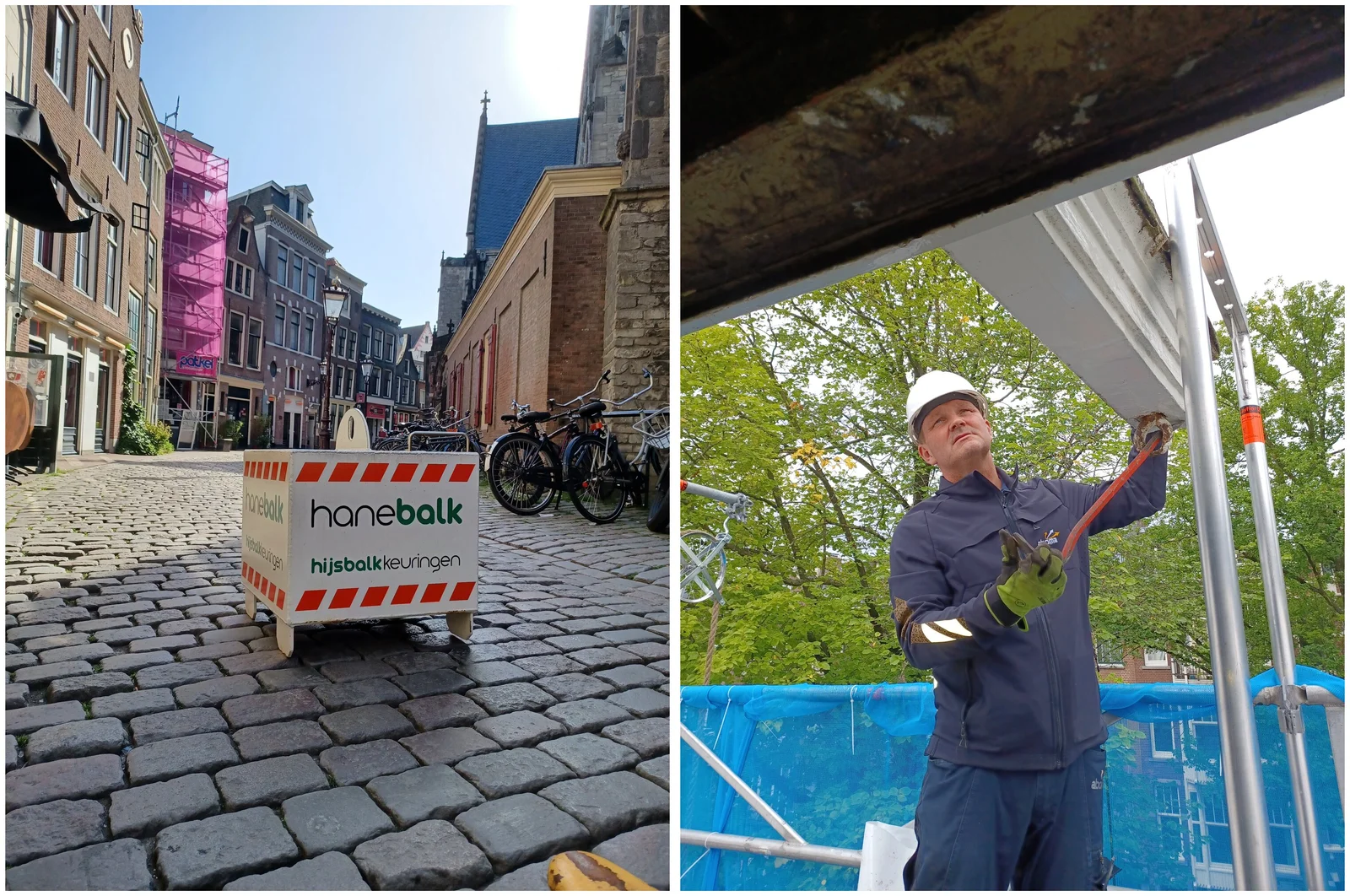 Het testgewicht van Hanebalk op de keien bij de Oude Kerk, en een inspecteur van Aboma bij een hijsbalk