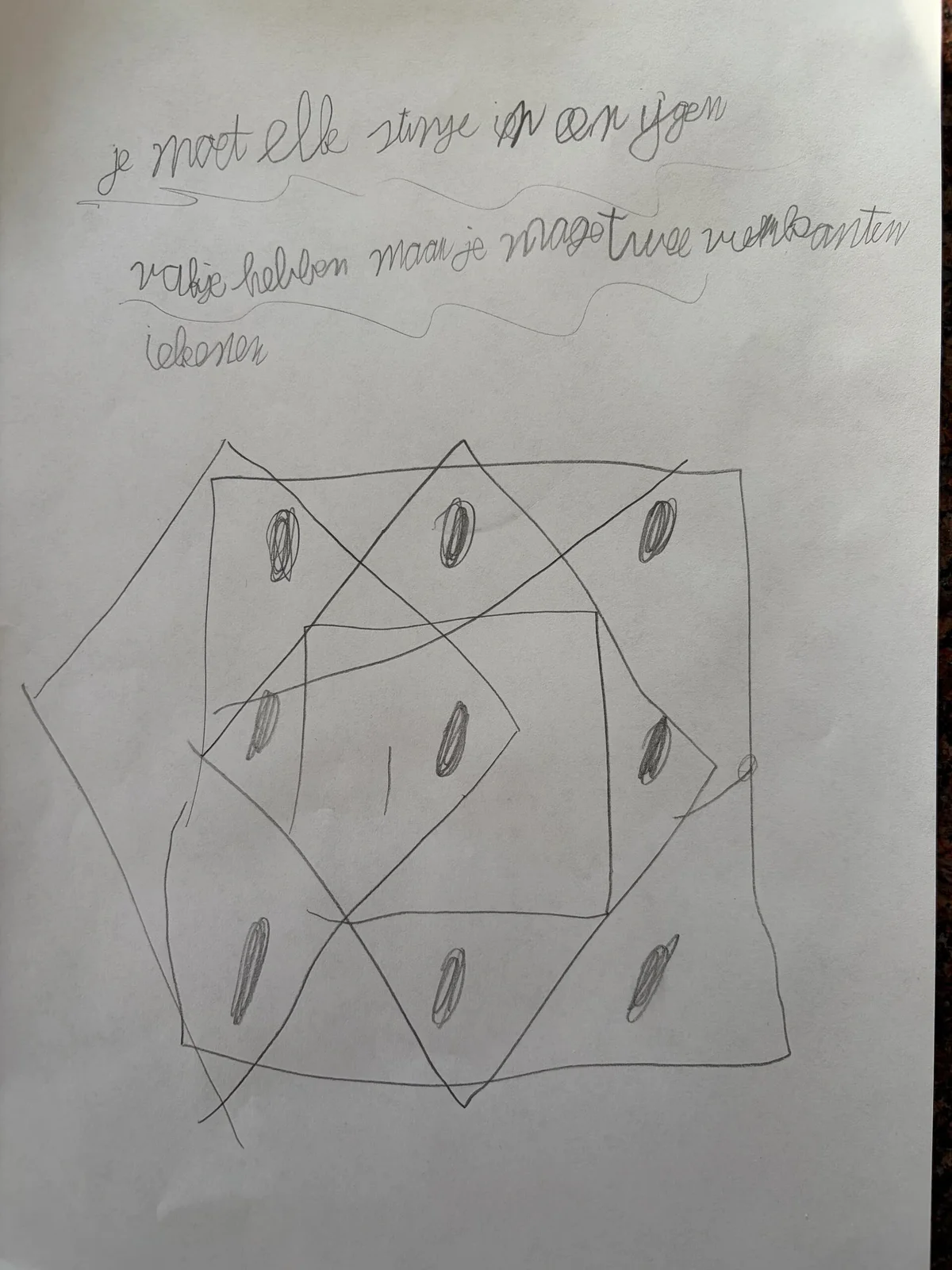 Jurre's puzzle: the rule on top, nine dots, and one of the solutions
