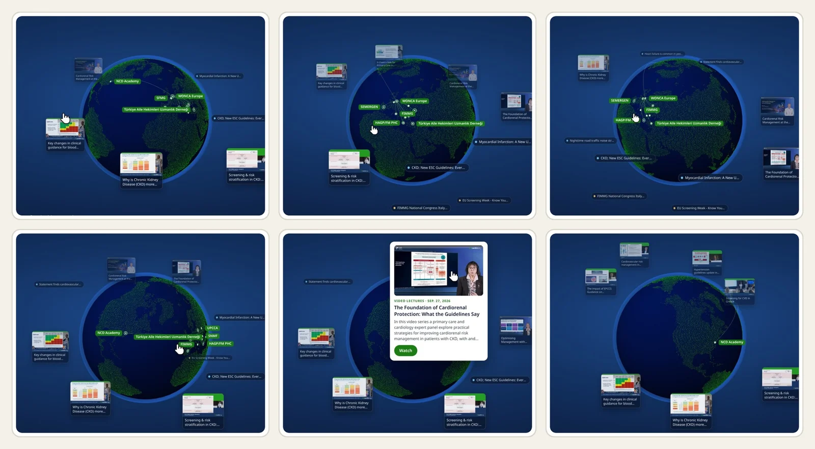 gpcardio.org: drag the globe and the newest lectures orbit along; a tap opens one