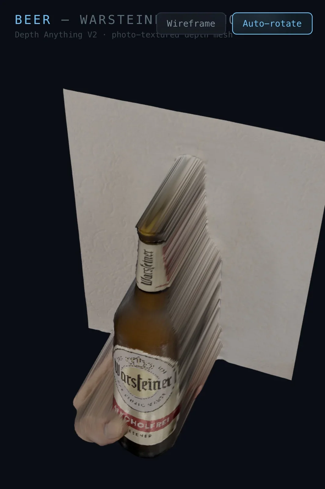 Van foto naar 3D: de agent bouwde een dieptemesh met fototextuur (Depth Anything V2), inclusief wireframe en auto-rotate