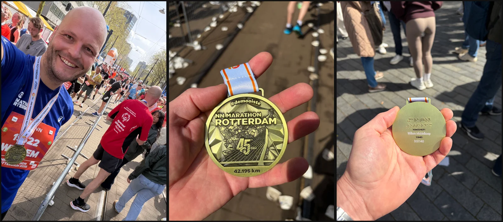 Na de finish: een selfie met de medaille, de medaille met de Erasmusbrug in de hand, en de achterkant met naam en tijd