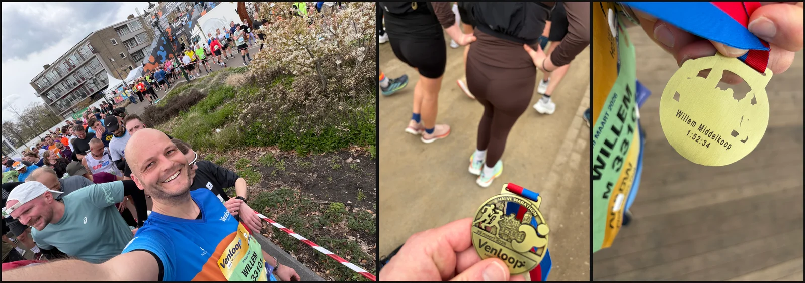 Na de finish: een selfie in de menigte, de Venloop-medaille, en 1:52:34 gegraveerd op de achterkant