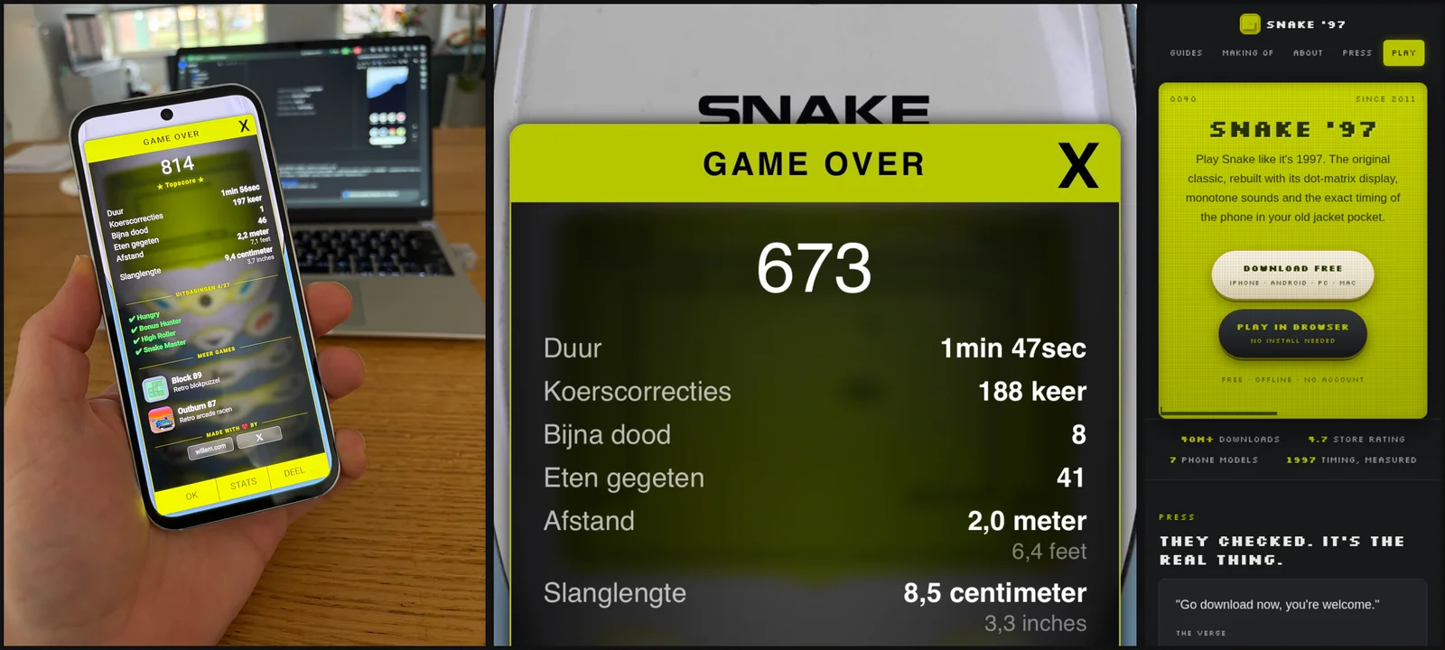 Snake '97 engine v3 op 25 februari: het nieuwe game over-scherm op de telefoon naast de laptop, de stats in detail, en snake97.com