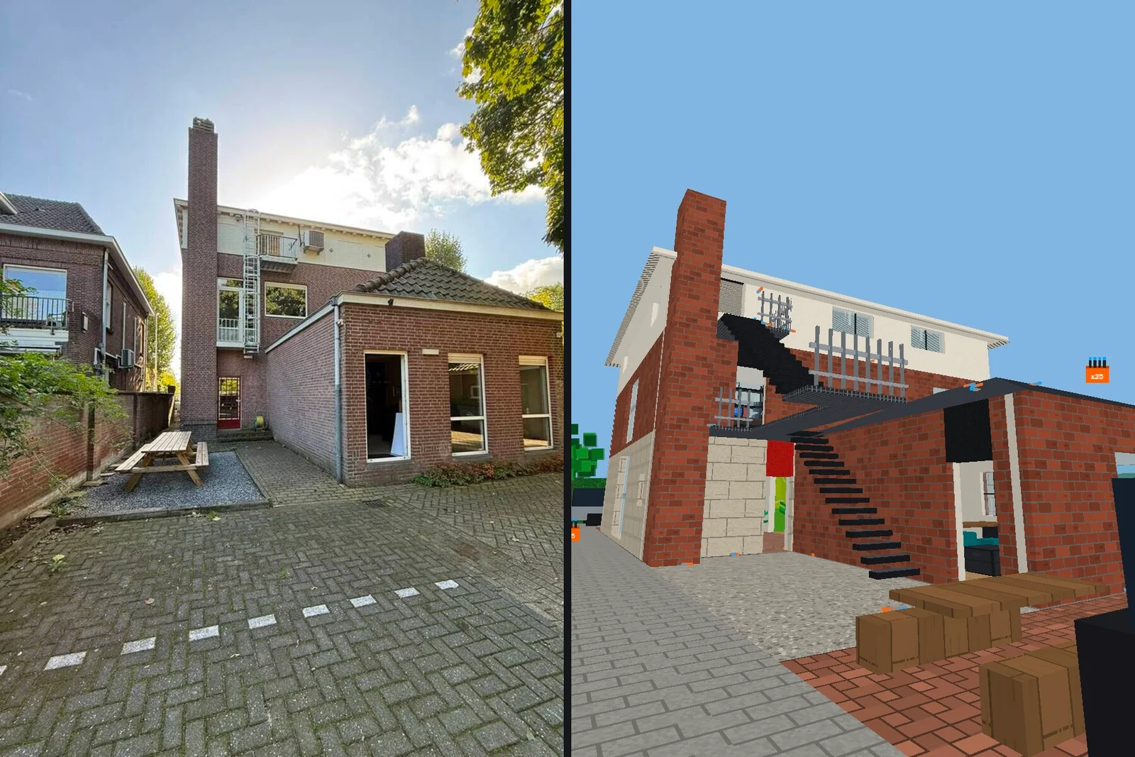 The back of the building: the chimney, the fire escape and the extension. In the game the ladder became a staircase, so everybody can use it