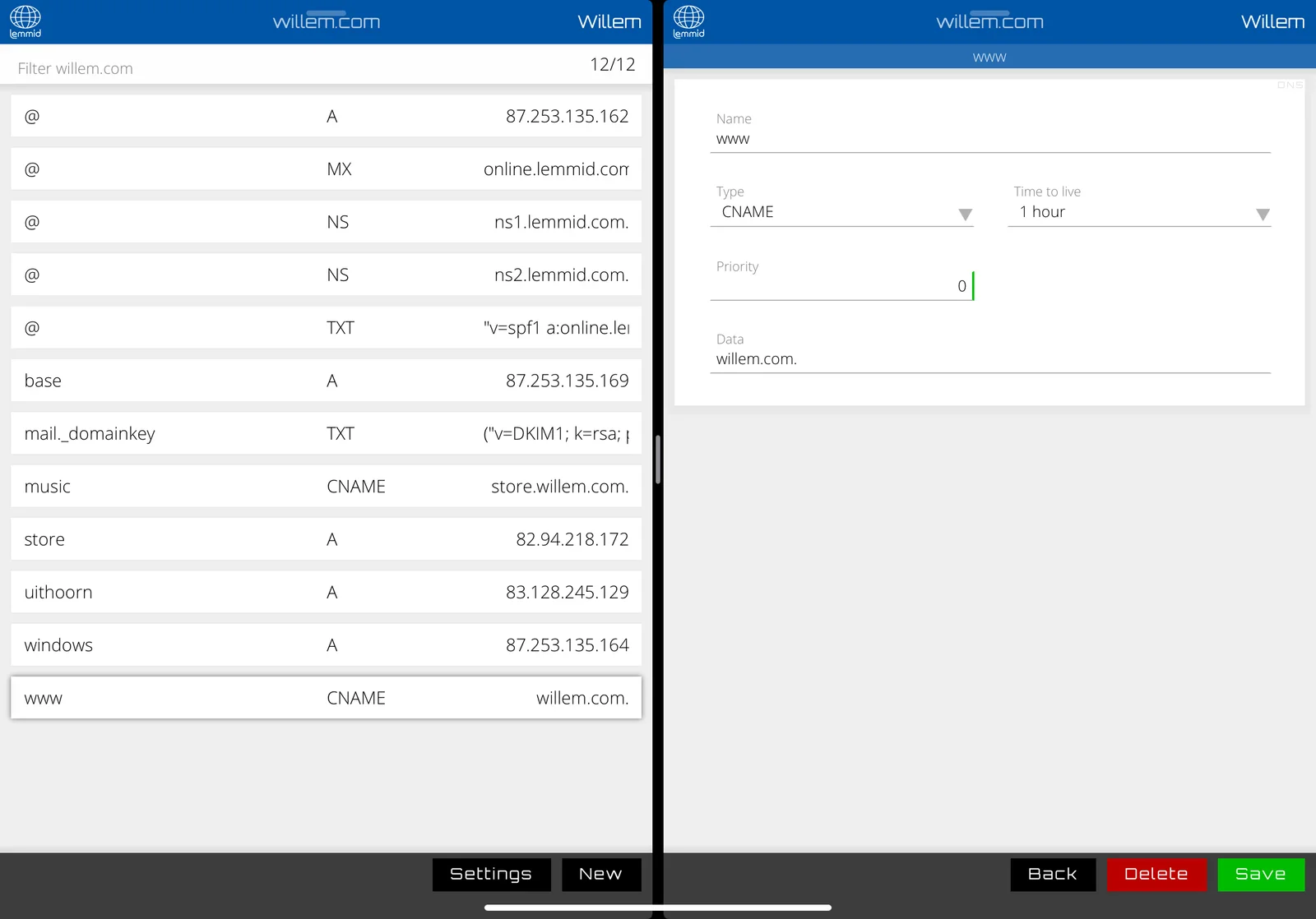 Editing a DNS record using my "Lemmid Domain" app while preserving context of the entire DNS zone
