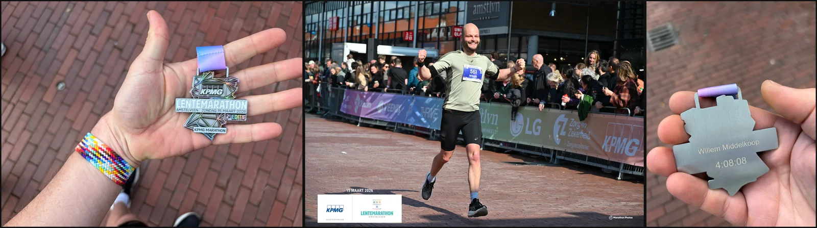 De medaille in de hand, de finish op de officiële foto, en de achterkant van de medaille: Willem Middelkoop, 4:08:08