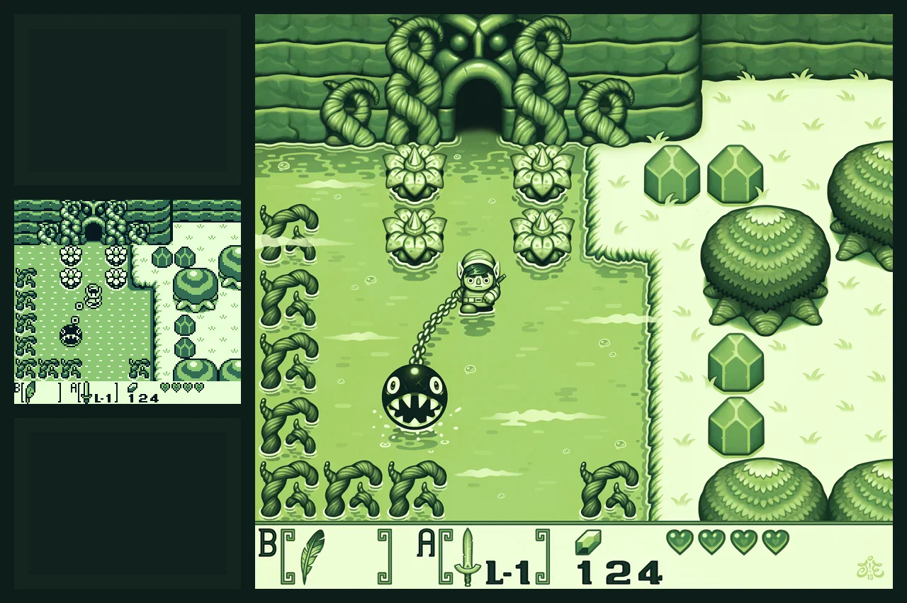 On the left: an original screenshot from "Link's Awakening" (1993). On to the right: how fans perceive the magic. (Fan art created by "einen" from http://einen.deviantart.com)