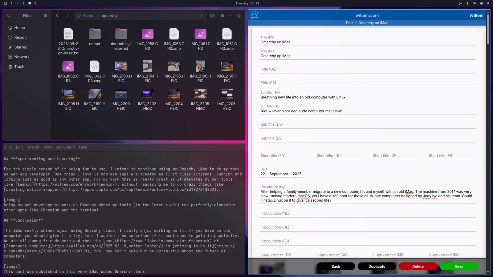 On the screenshot: Nautilus file explorer, Mousepad text editor and the Lemmid content management system running together on Omarchy