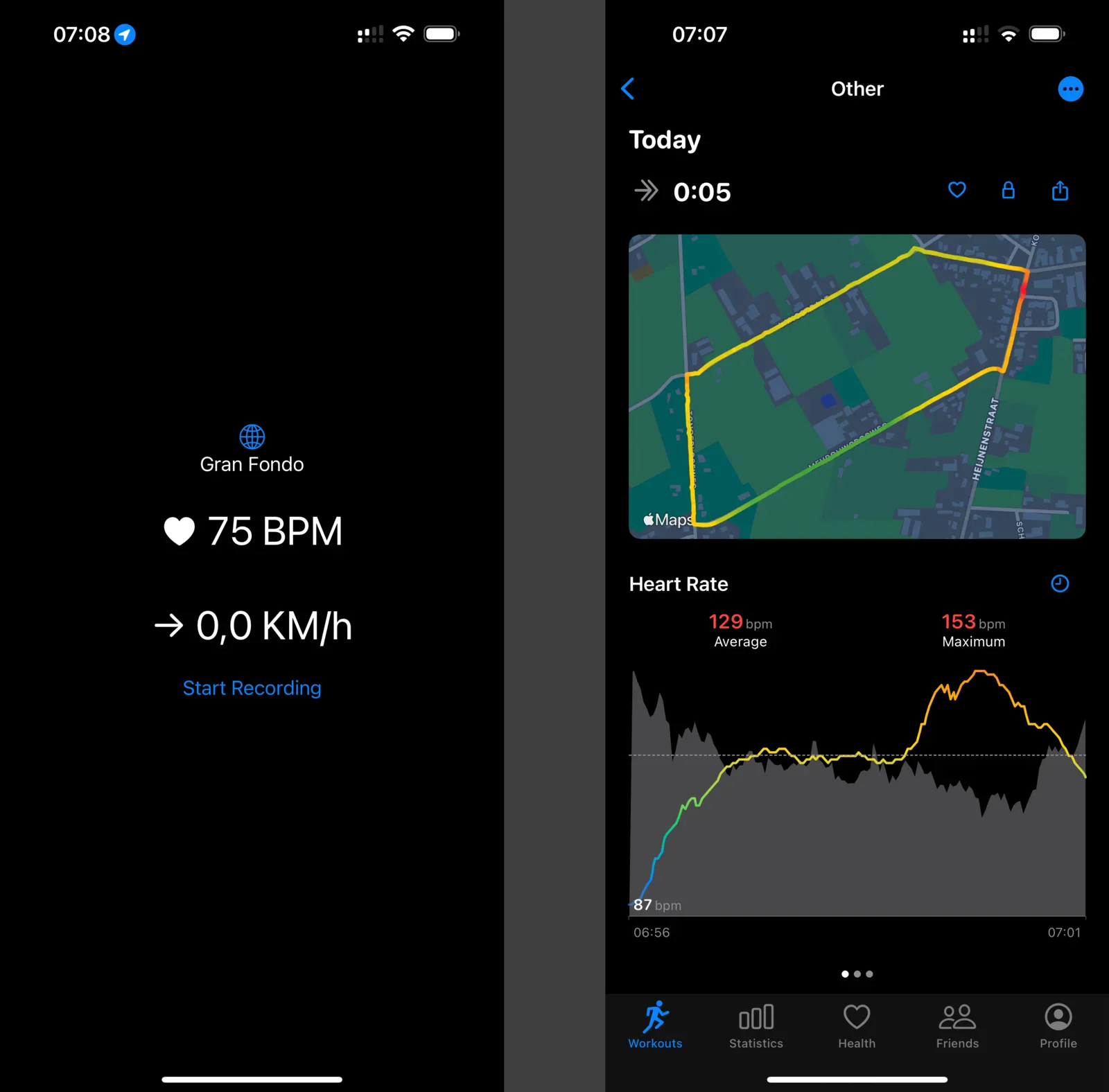 Early prototype of the app working with Bluetooth heartrate sensor and its early dataset shown in another app that makes some pretty graphs (HealthFit)